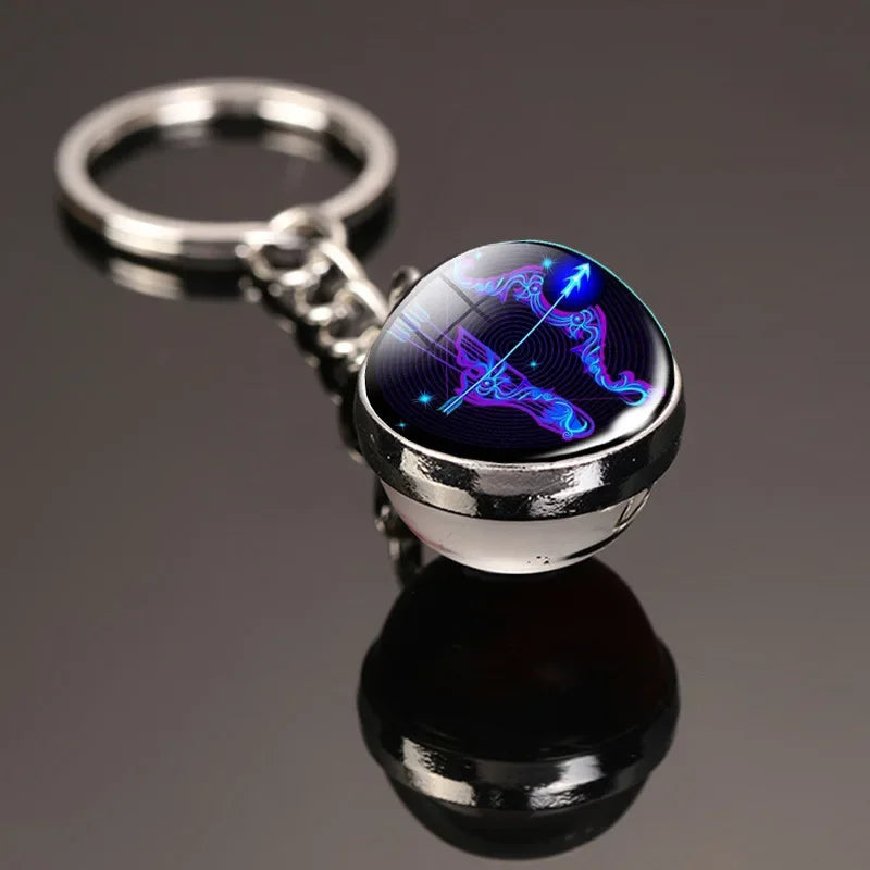 Creative 12 Constellation Key Ring Time Stone Double-Sided Glass Ball Metal Keychain Pendant Key Chain Accessories Fashion Gift