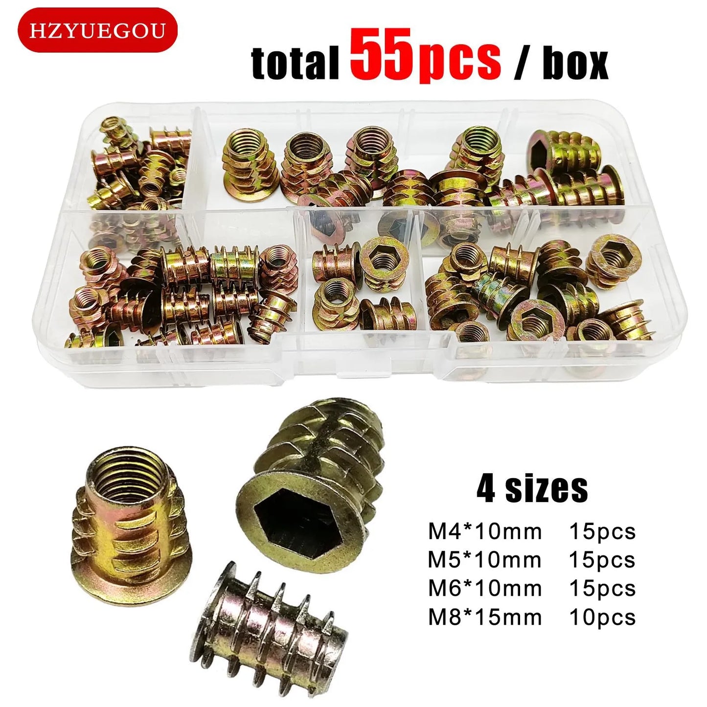 165/75/55pcs Threaded Insert Nut E-nut M4 M5 M6 M8 Set Kit For Wood Furniture Bed Cabinet Table Embedded Hex Hexagon Socket Head