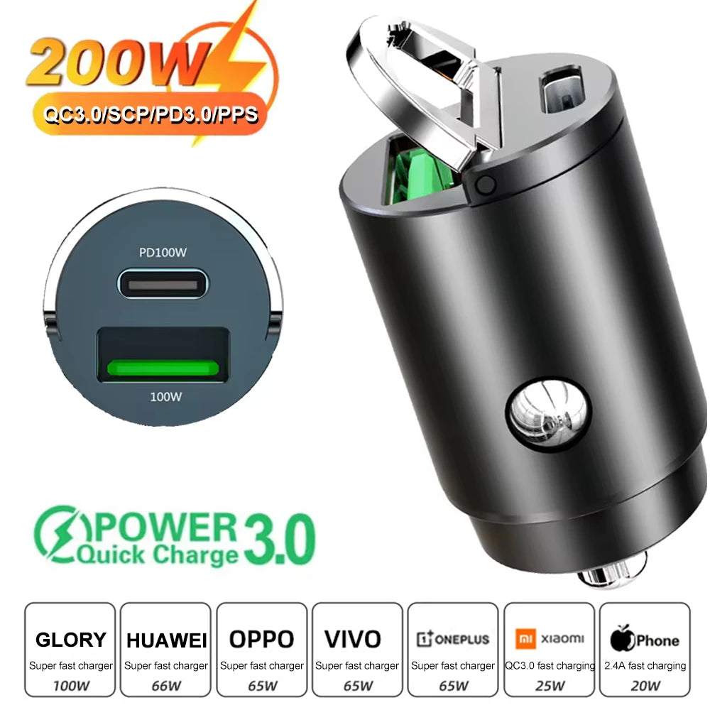 Mini 200W PD QC Pull Ring Fast Charging Car Charger USB C Car Phone Charger Adapter For iPhone 13 12 Xiaomi Samsung Huawei