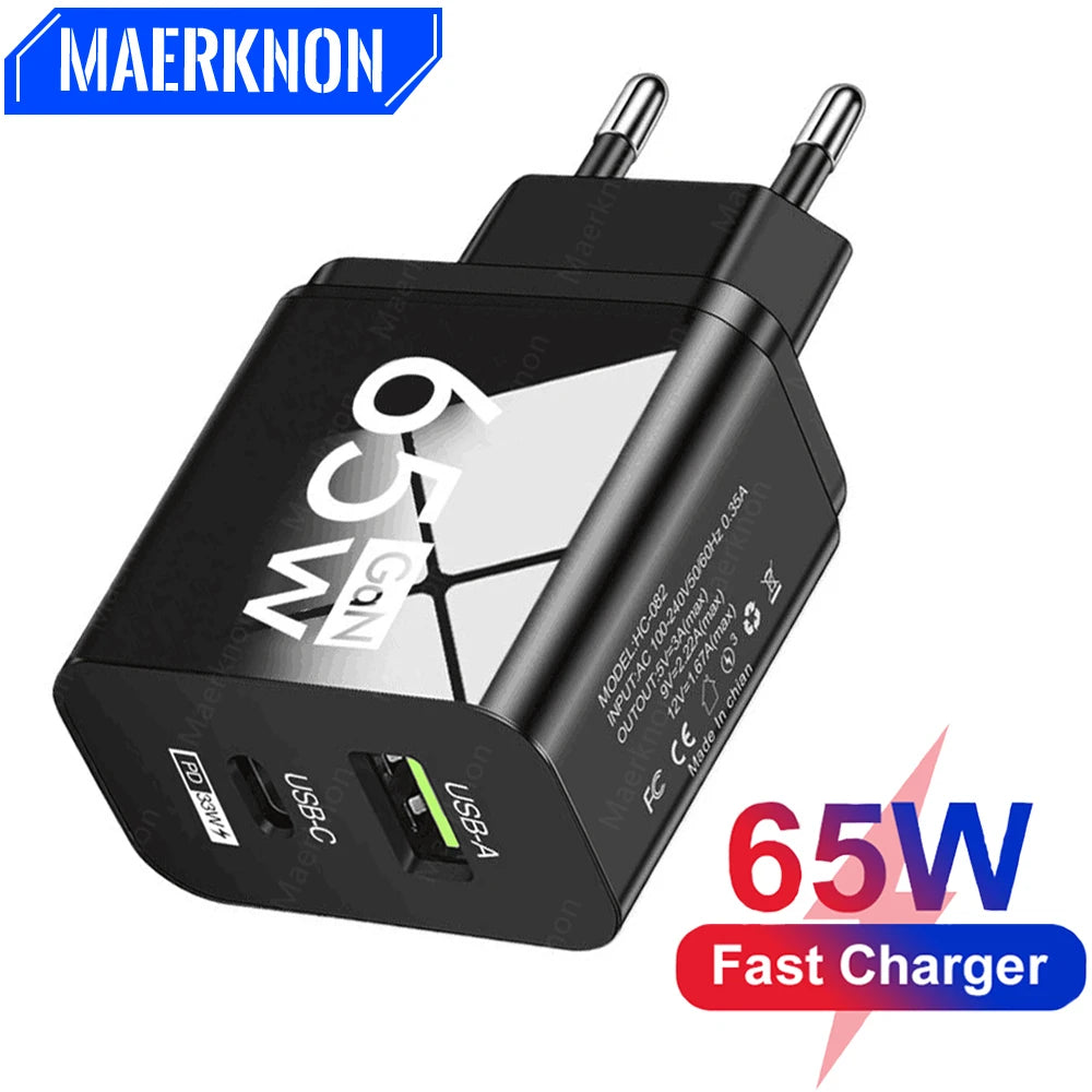 Total 65W GaN USB Type C Charger PD Fast Charging EU/US Plug Wall Charger For iPhone Xiaomi Samsung Mobile Phone Charger Adapter