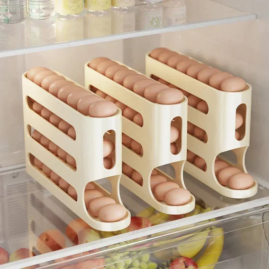 4 Layers Automatic Rolling Egg Holder Rack Fridge Egg Storage Box Container Kitchen Refrigerator Egg Dispenser Fridge Organizer