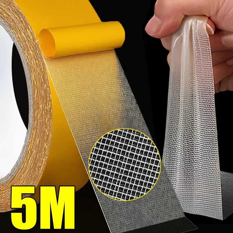 1Roll 5M Double Sided Tape High Viscosity Grid Fiber Transparent Double Sided Tape Sticky Adhesive Fiber Mesh Tape