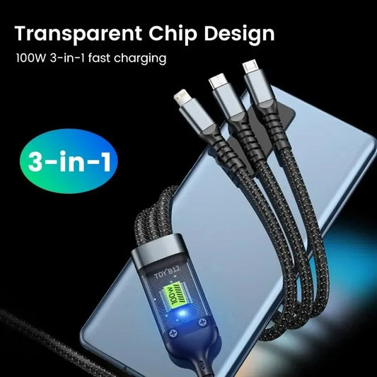 100W USB Cable 3 in 1 Fast Charging Charger Cable Accessories For iPhone Xiaomi Huawei Type C Charger Cable Multi Port Wire Line