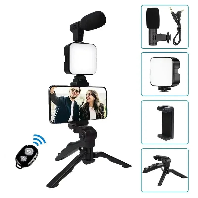 Clearance_Smartphone Vlogging Kit With Tripod Phone Holder Mini Microphone LED Fill Light Starter For TikTok Live Stream Video Y