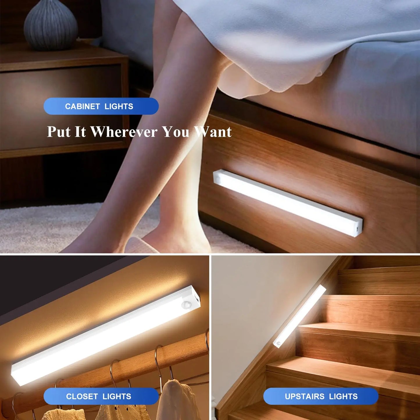 IRALAN Motion Sensor LED Cabinet Light USB Rechargeable Induction Night Light Wireless  Detector Lamp for Wardrobe Hallway