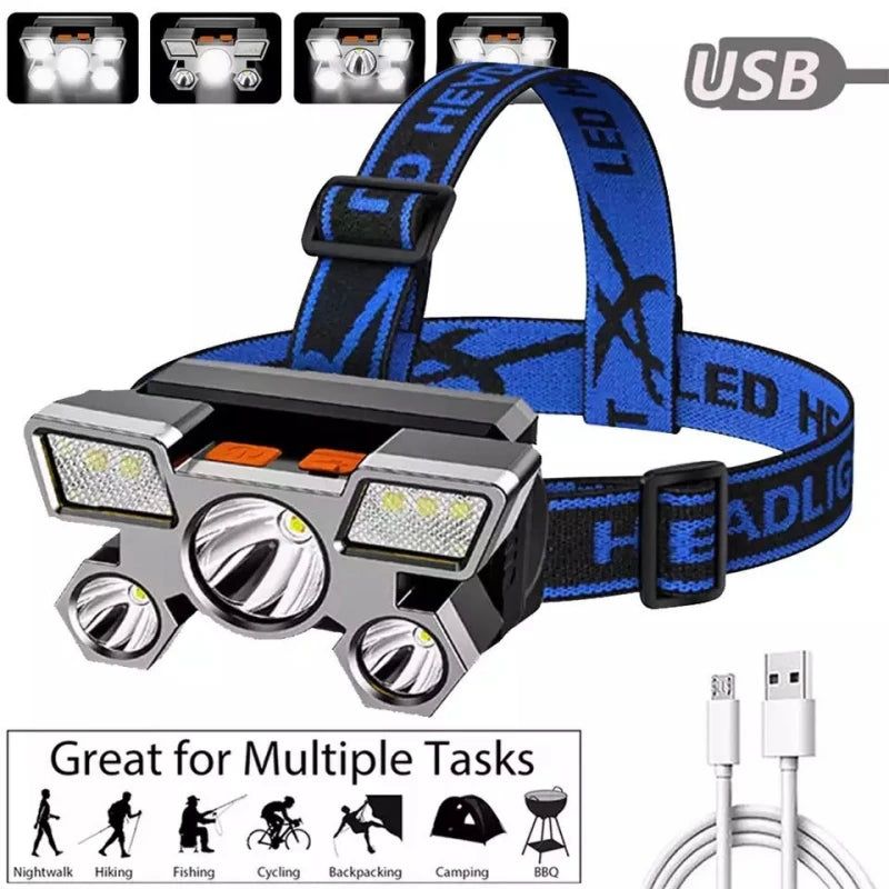 Strong Headlight Led Five Headed Airplane Light Usb Charging Outdoor Portable Head Mounted Flashlight