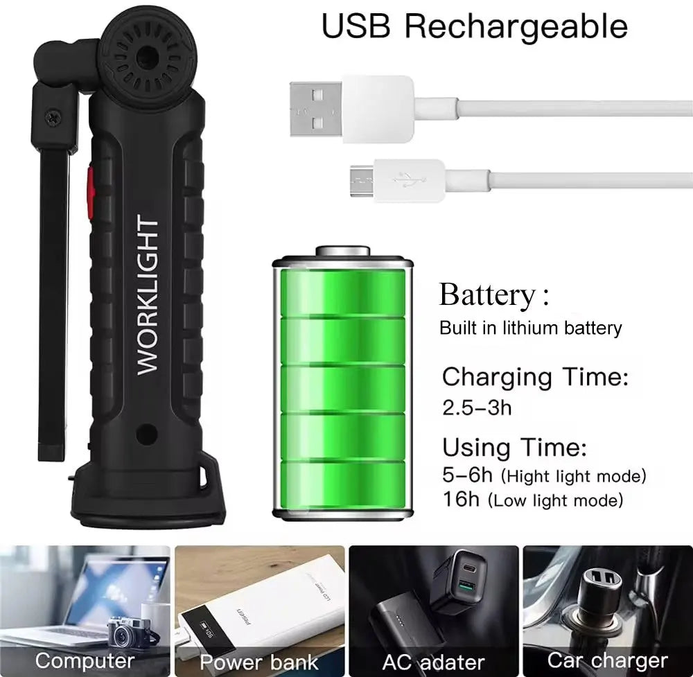 LED Flashlight Rechargeable Work Light Hanging Hook Magnetic with Builtin Battery USB Portable Flash Light Camping Repair Torch