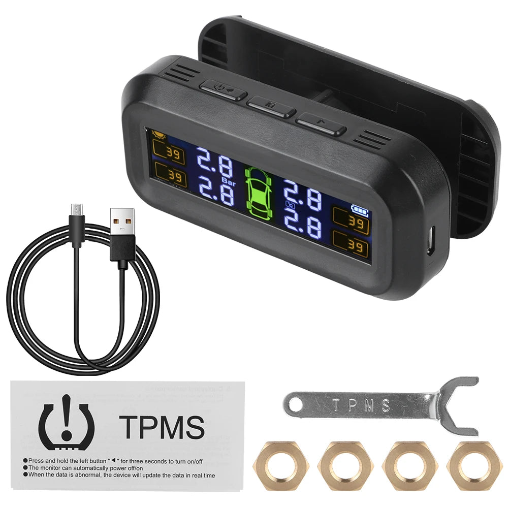 Tire Pressure Monitoring System With 4 External Sensors Temperature Warning Digital Manomet Car Tyre Pressure Monitor Solar TPMS