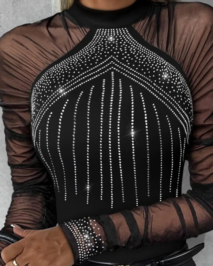 Diamond round neck pleated transparent mesh women's fashionable casual slim fit jumpsuit 2024 autumn new women's clothing