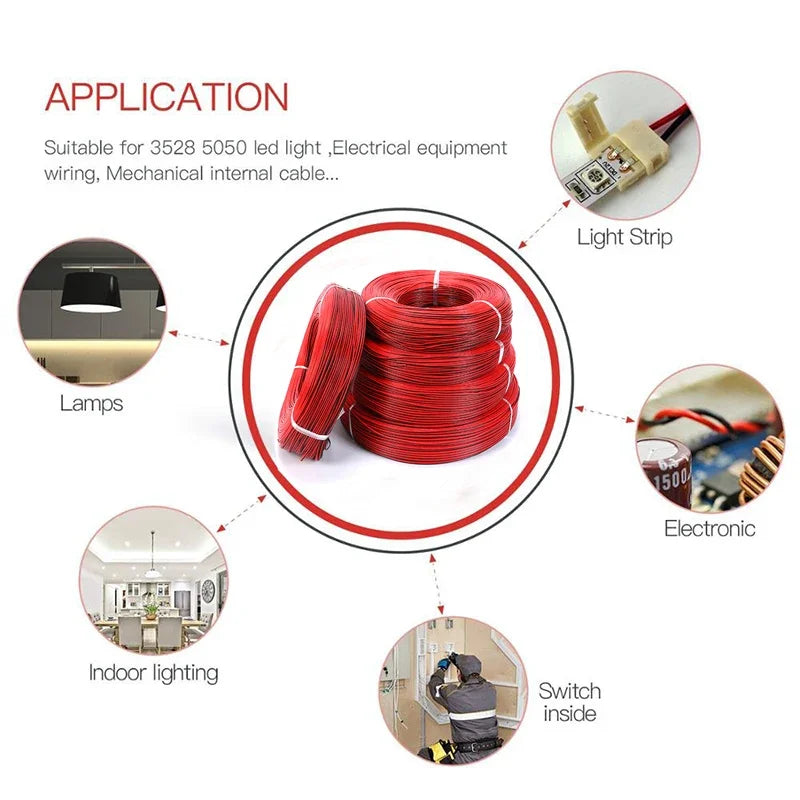 2 Pin Electrical Wire Tinned Copper 18/20/22/24/26 AWG insulated PVC Extension LED Strip Cable Red Black Wire