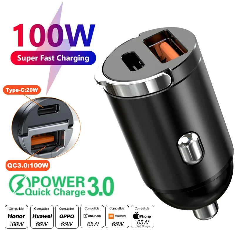 Mini 200W PD QC Pull Ring Fast Charging Car Charger USB C Car Phone Charger Adapter For iPhone 13 12 Xiaomi Samsung Huawei