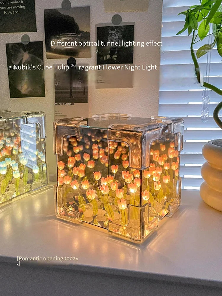 1pcs Handmade DIY Flower Cube Tulip Stereo Night Light Material Package for Girlfriend Couple Birthday Gift