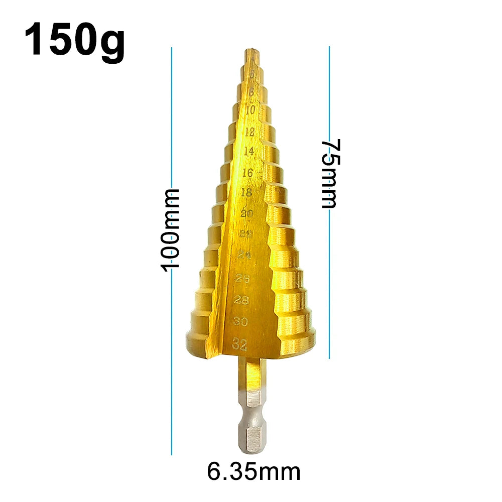 Step Drill Titanium Plated Hexagonal Shank Straight Groove 3-12/4-12/4-20/4-32mm Pagoda Drill Drilling Tool Accessory Set