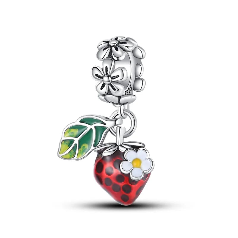 925 Silver Color Strawberry Cherry Apple Avocado Fruit Charms Beads Fit Pandora 925 Original Bracelets Fine DIY Birthday Jewelry