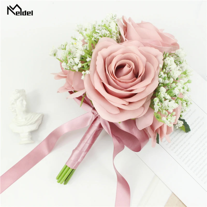 Meldel Bride Rose Bouquet Wedding Supplies Bridesmaid Rose Babysbreath Bouquet Flower Arrangement DIY Home Party Prom Decoration