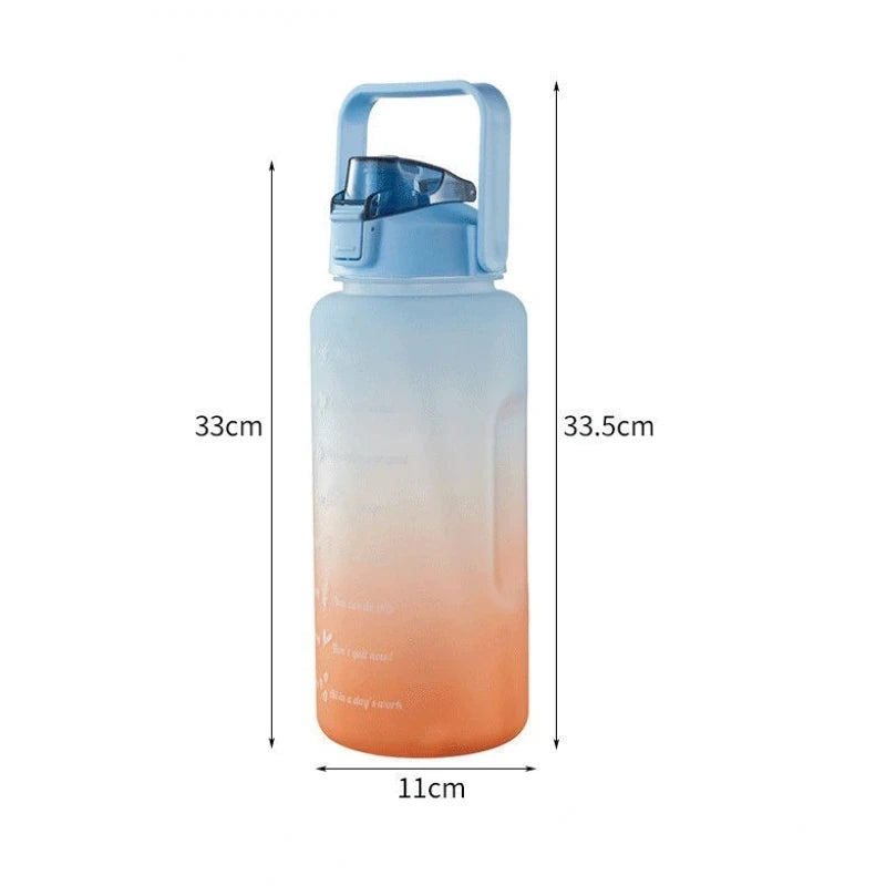 2L Outdoor Large Capacity Sport Water Bottle Creative Plastic Cup Bounce Cover Outdoor Leakproof Straw Cup with Time Marker