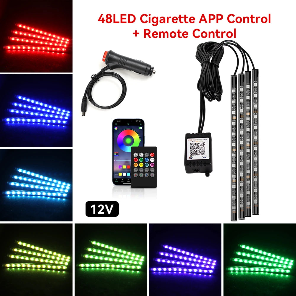 Car Led Foot Ambient With USB Cigarette Lighter Backlight Music Control App RGB Auto Interior Decorative Atmosphere Lights