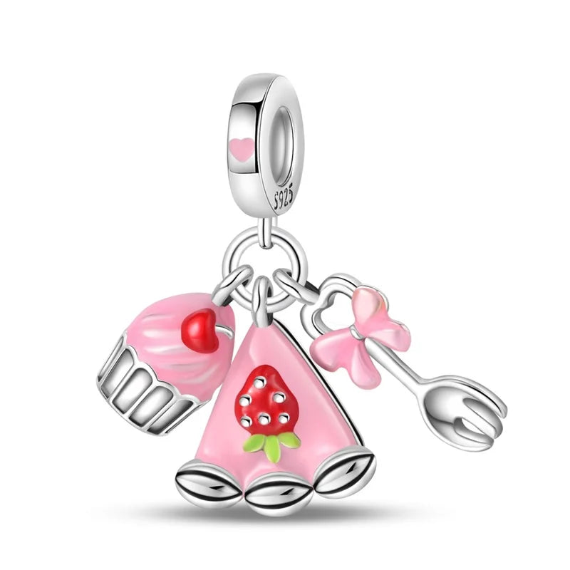 925 Silver Color Strawberry Cherry Apple Avocado Fruit Charms Beads Fit Pandora 925 Original Bracelets Fine DIY Birthday Jewelry