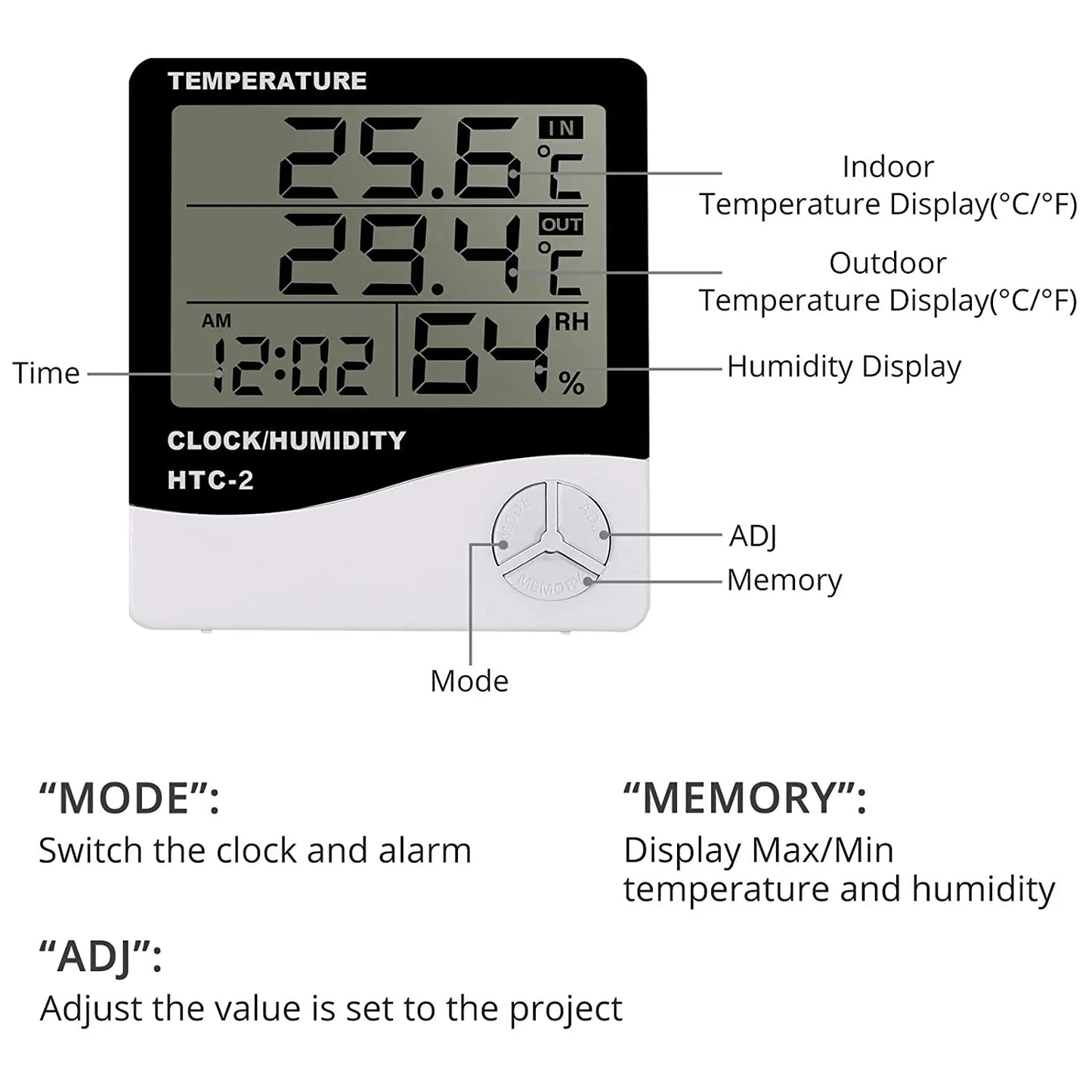 HTC-1 HTC-2 LCD Electronic Digital Temperature Humidity Meter Household Electronic Thermohygrometer Weather Station With Clock