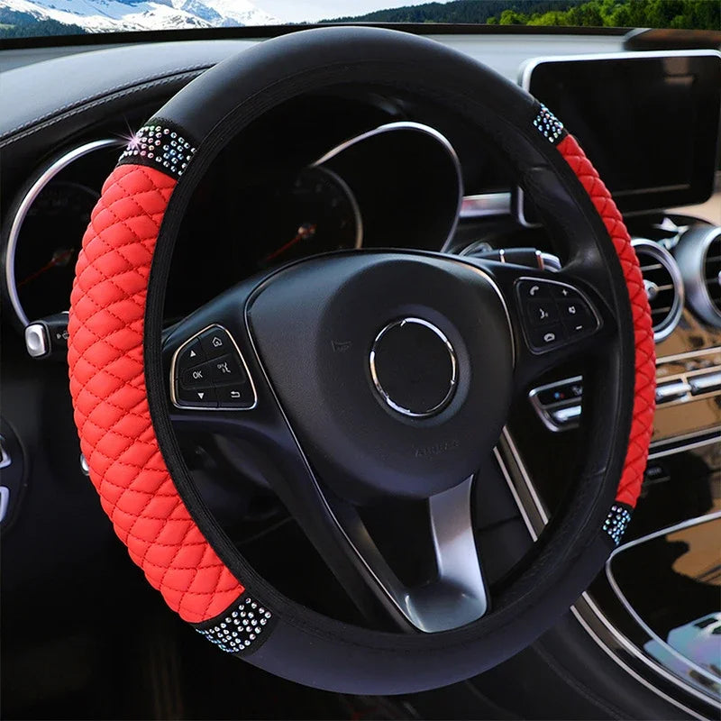 Universal Car Steering Wheel Cover 37-38cm Leather Embroidered Color Diamond-Studded Elastic Four Seasons Steering Wheel Cover