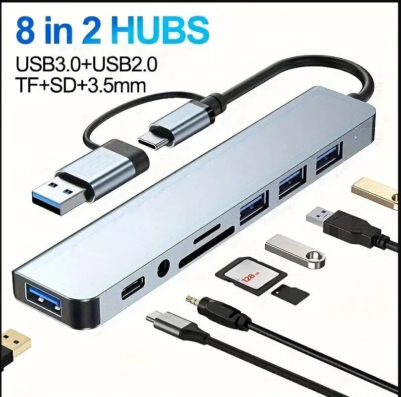 8 in 2 USB  Type C HUB Docking Station with 3.5mm Audio Jack Adapter Micro SD Card Reader Laptop Tablet Phone Disk Converter