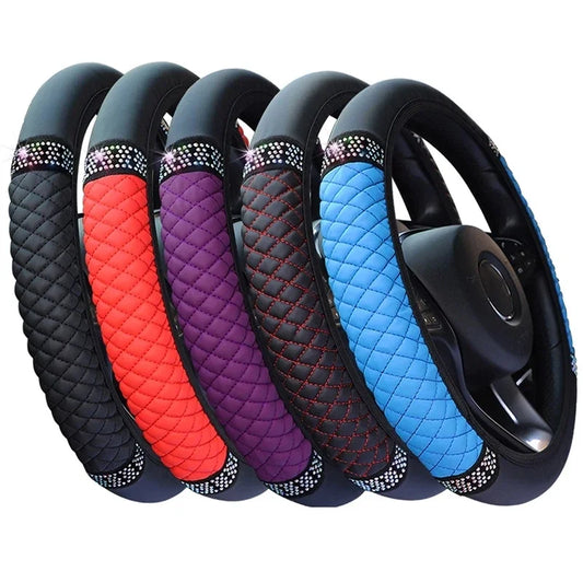 Universal Car Steering Wheel Cover 37-38cm Leather Embroidered Color Diamond-Studded Elastic Four Seasons Steering Wheel Cover