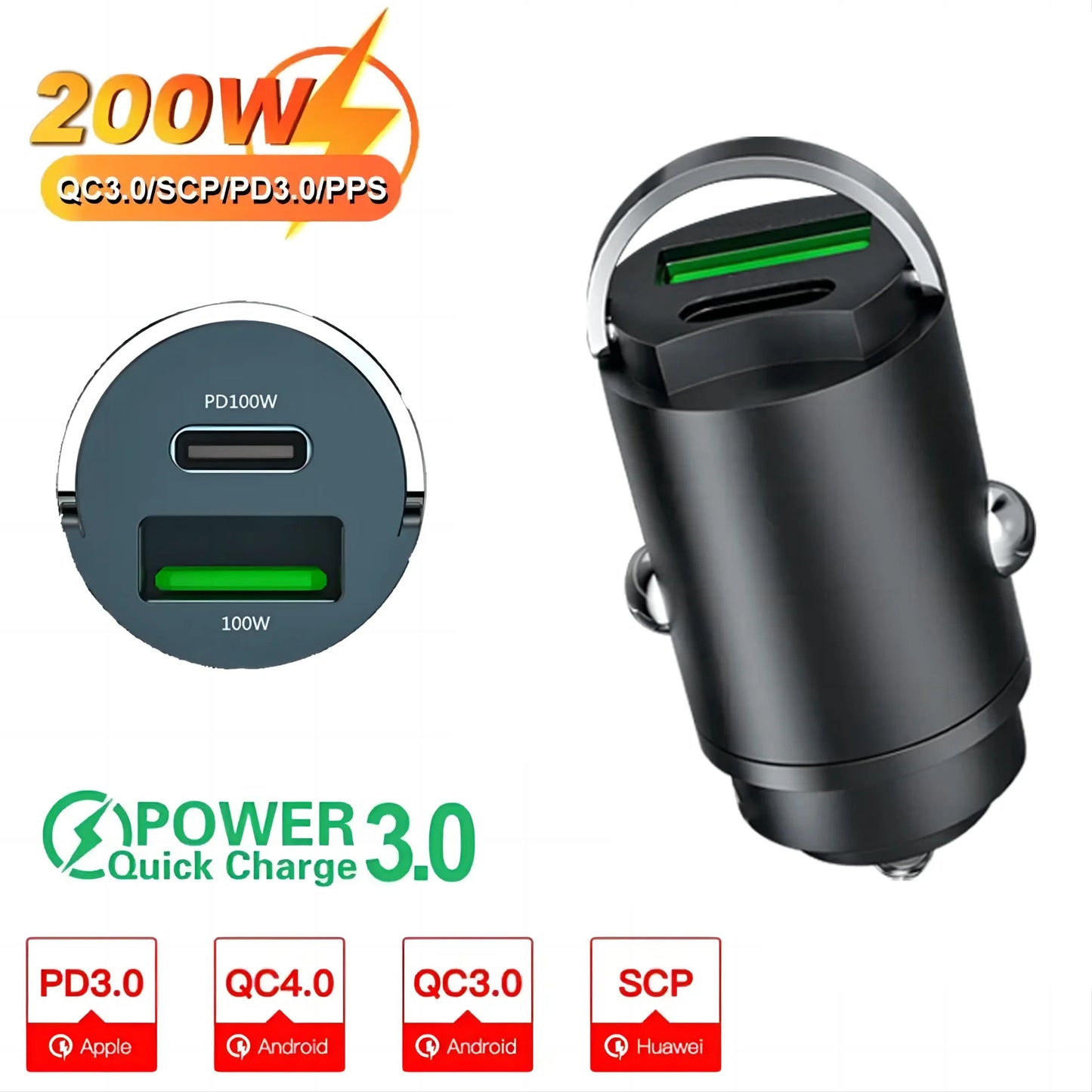 Mini Car USB/QC3.0 PD Charger 12-24V Fast Charging Car USB Type C Charger Lighter for Xiaomi Samsung Huawei iPhone