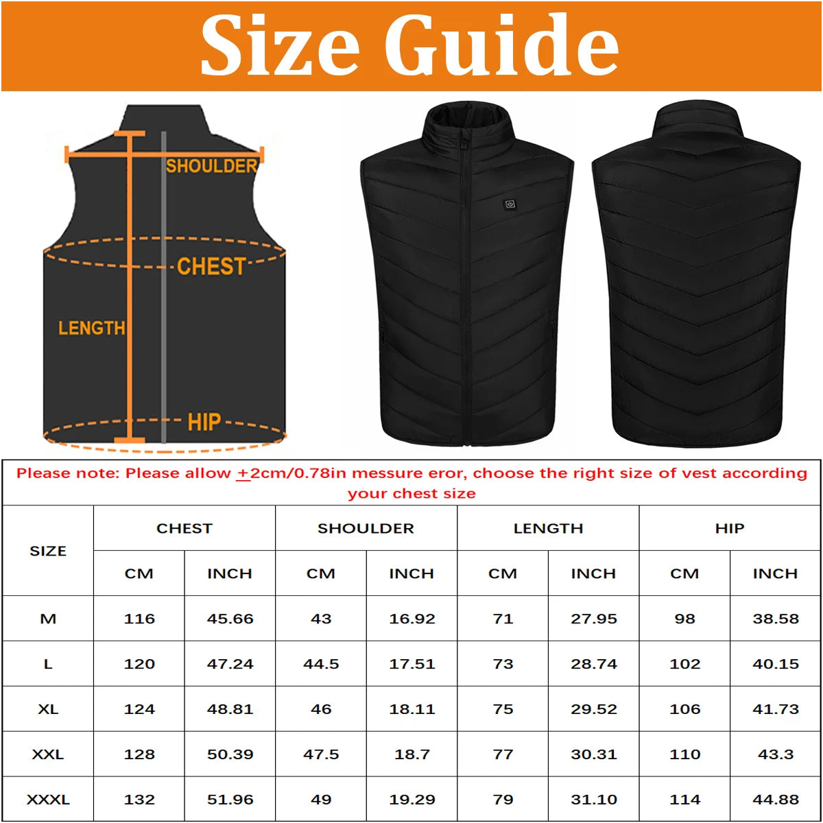 Heated Vest, Men's and Women's Winter Warmer Vest, Smart USB Heated Vest with 9 Carbon Fiber Heating Pads, 3 Temperature Levels