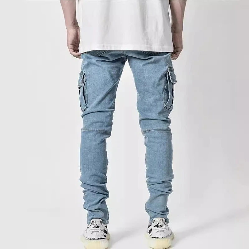 Stylish Tide Brand Men Cargo Narrow Leg Denim Pants Elastic Slim Fit Jeans Solid Color Multi Pockets Casual Skinny Male Trousers