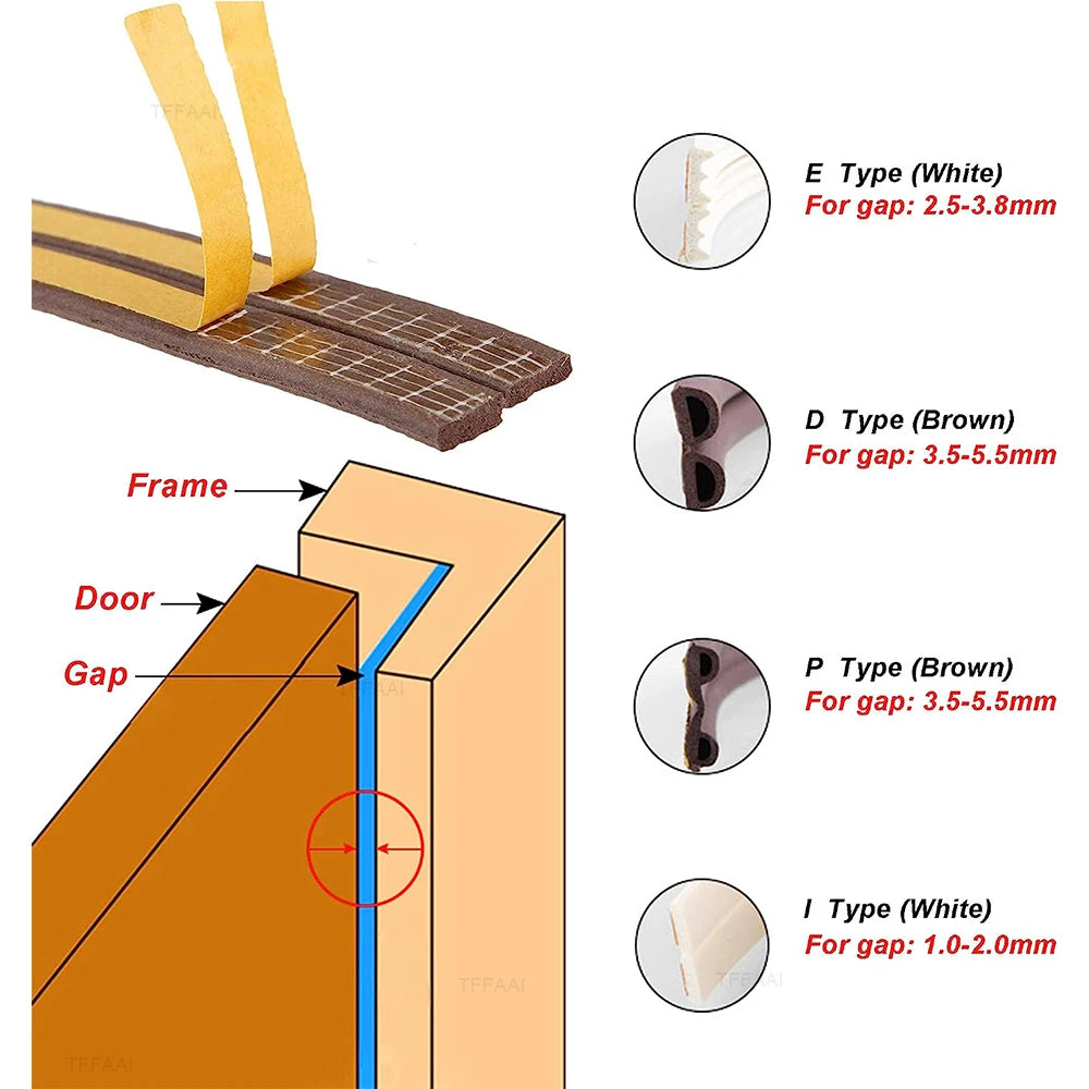 5M/10M Door Window Seal Strip DIEP Self-adhesive Acoustic Foam Sealing Strip Tape Insulation Windproof Rubber Weatherstrip