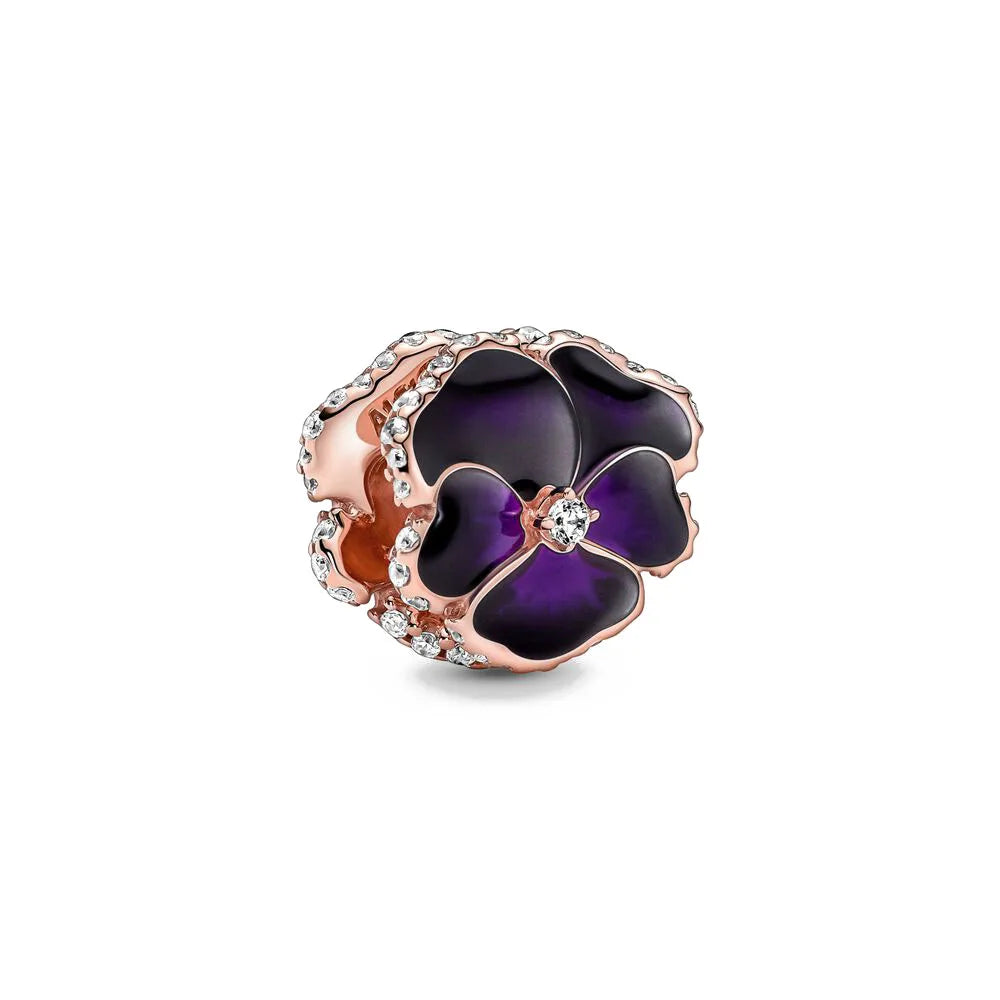 New 2023 Fashion Pink Pansy Flower Pendant Bead 925 Sterling Silver Plated Fit Necklace Keychain Charm DIY Jewelry Bracelet