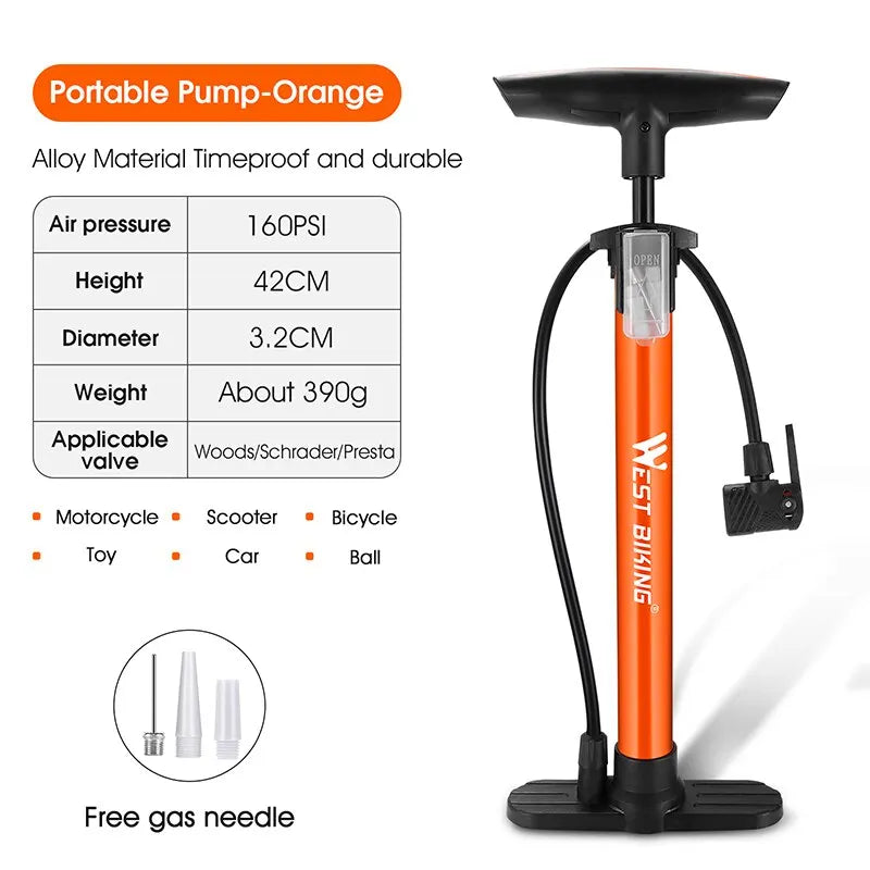 WEST BIKING 160PSI High Pressure Pump Schrader Presta MTB Bicycle Floor Pump Cycling Air Pump Tire Ball Motorcycle Car Inflator