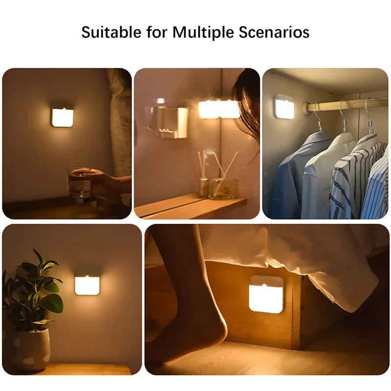 LED Motion Sensor Night Light USB Night Lamp Square Chargeable Lamp for Bedroom Kitchen Stair Hallway Wardrobe Cupboard Lighting