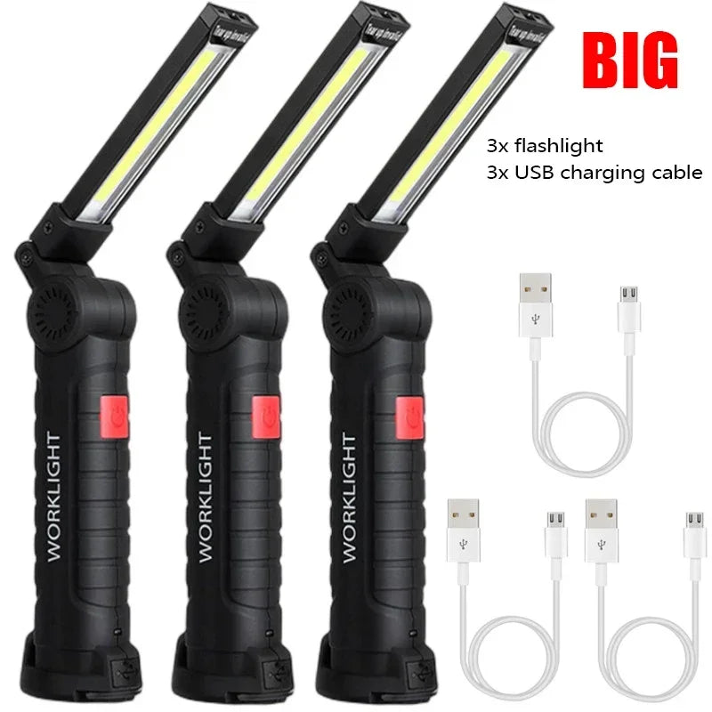 New Portable COB LED Flashlight USB Rechargeable Work Light Magnetic Lanterna Hanging Lamp with Built-in Battery Camping Torch