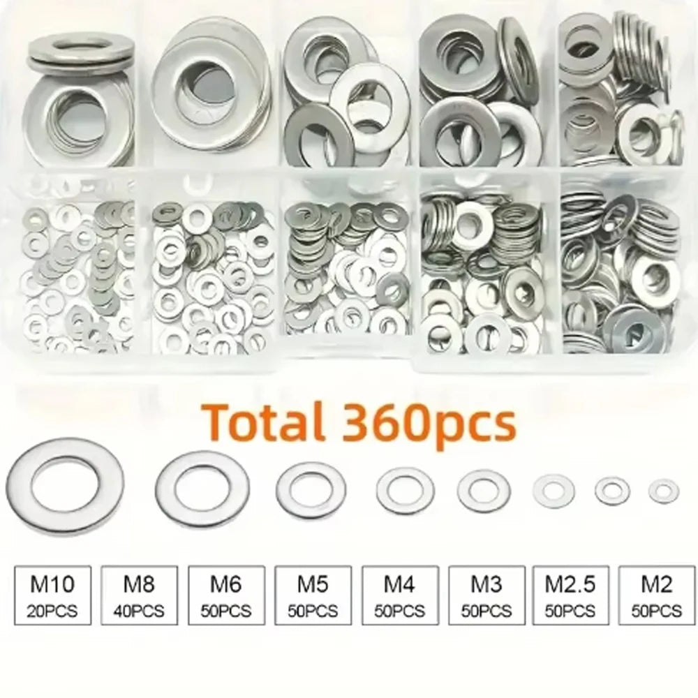 360pcs 304 Stainless Steel Flat Washers Set, Perfect For Home Decor, Factory Repair, Kitchens, Shops & More