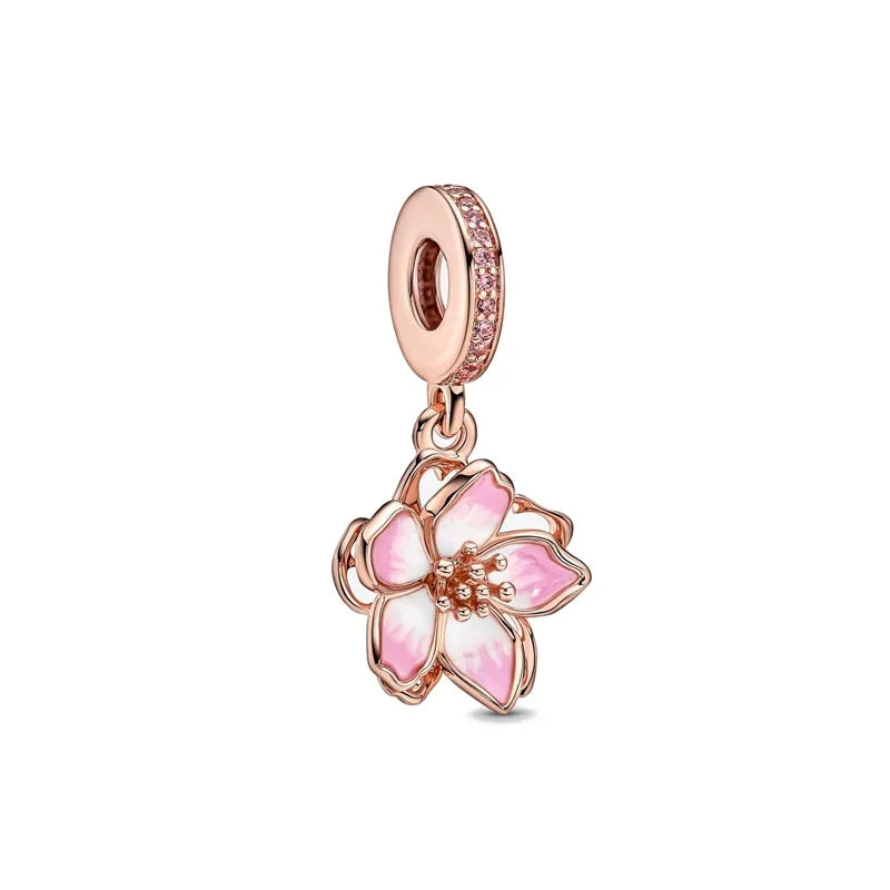 New 2023 Fashion Pink Pansy Flower Pendant Bead 925 Sterling Silver Plated Fit Necklace Keychain Charm DIY Jewelry Bracelet