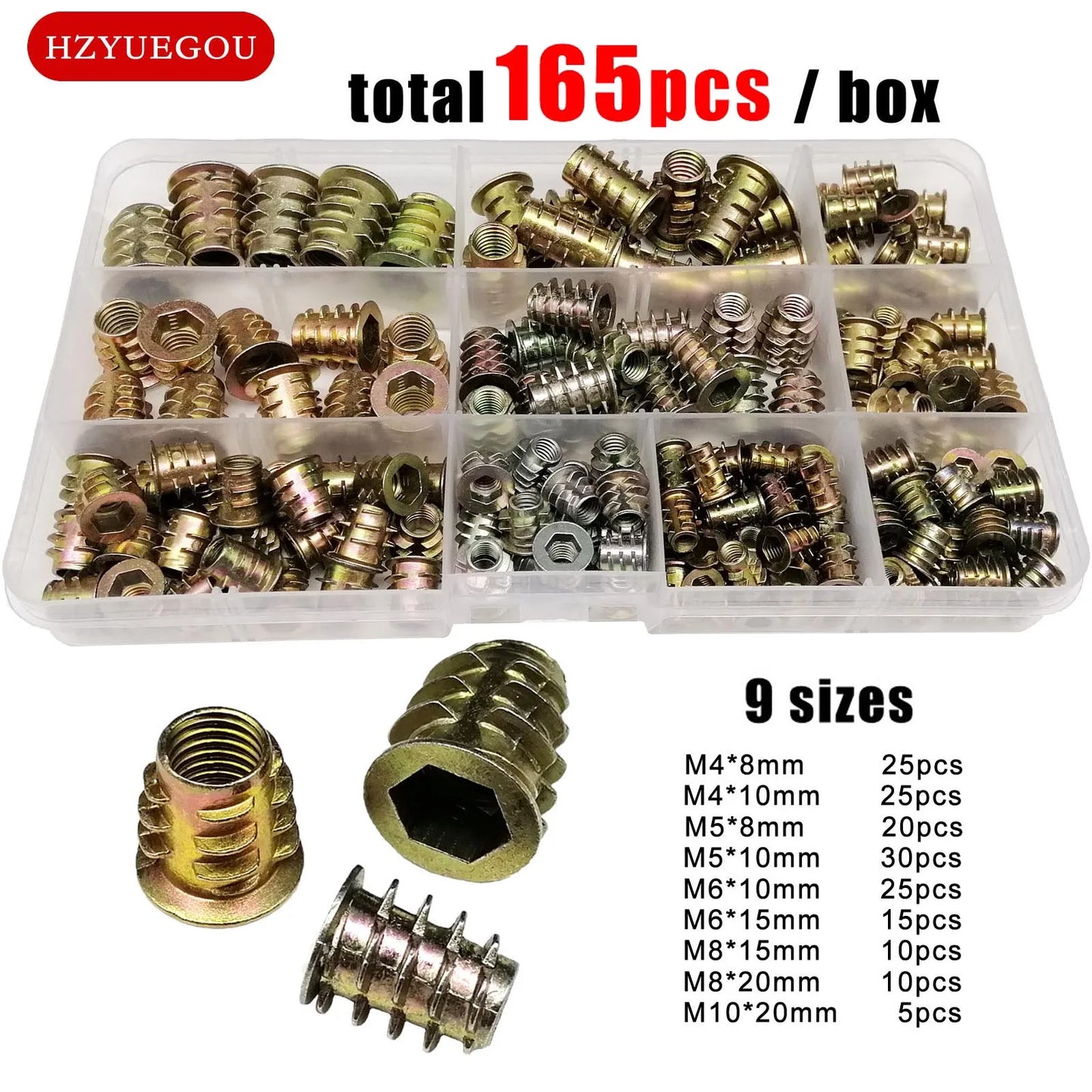 165/75/55pcs Threaded Insert Nut E-nut M4 M5 M6 M8 Set Kit For Wood Furniture Bed Cabinet Table Embedded Hex Hexagon Socket Head