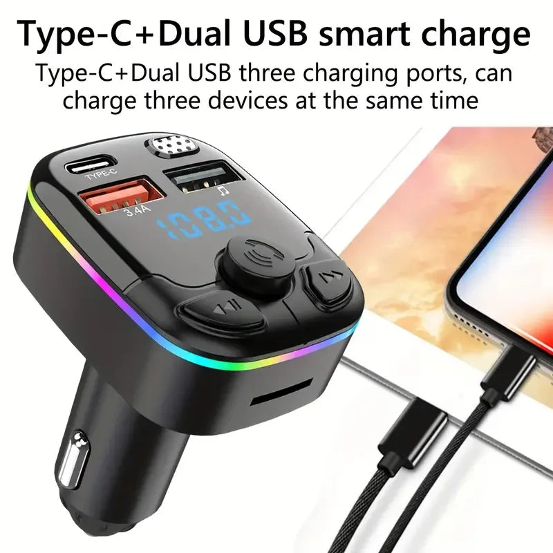 1pc Bluetooth 5.0 Car FM Transmitter PD Type-C Dual USB Ambient Player MP3 Charger Type-C Wireless Light 18W Handsfree PD QC3.0