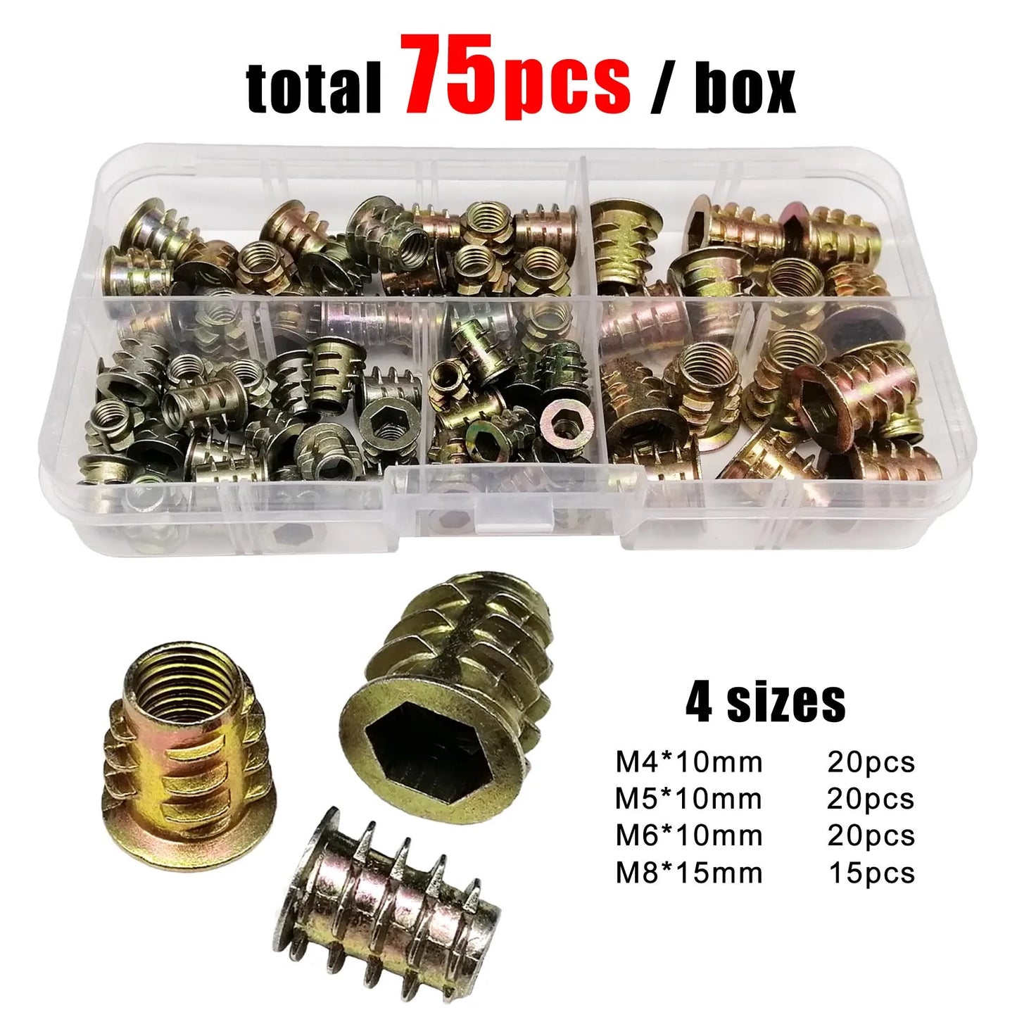 165/75/55pcs Threaded Insert Nut E-nut M4 M5 M6 M8 Set Kit For Wood Furniture Bed Cabinet Table Embedded Hex Hexagon Socket Head