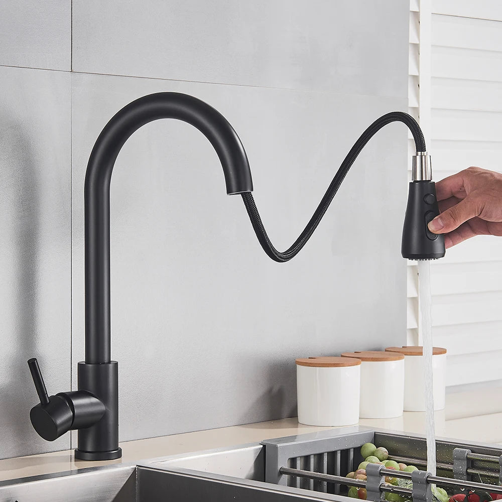 Rozin Black Kitchen Faucet Single Hole Pull Out Spout Kitchen Sink Mixer Tap Stream Sprayer Head Chrome/Black Mixer Tap