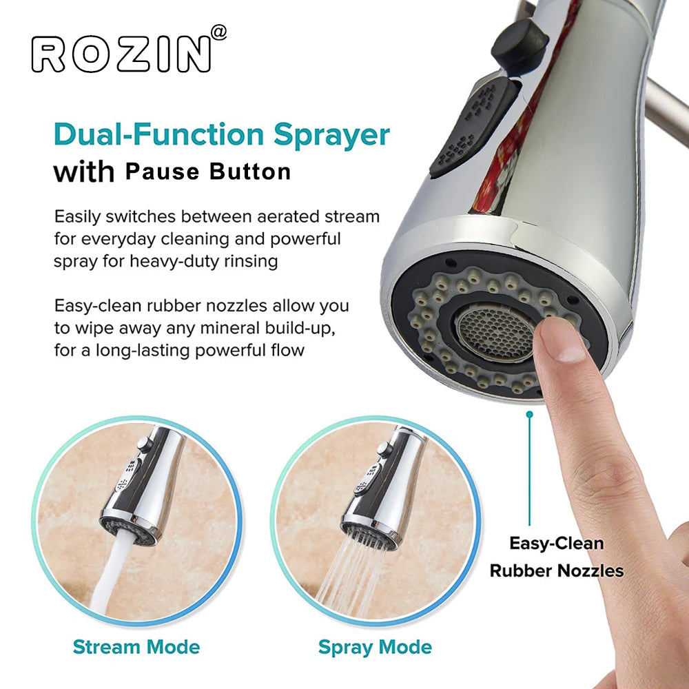 Rozin Black Kitchen Faucet Single Hole Pull Out Spout Kitchen Sink Mixer Tap Stream Sprayer Head Chrome/Black Mixer Tap