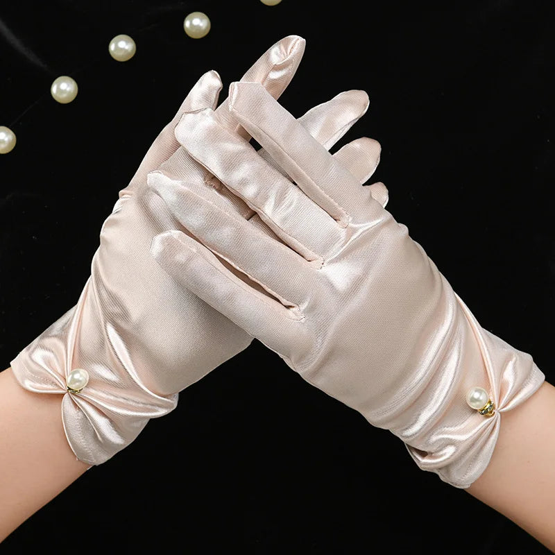 White satin wedding dress gloves Short elegant petal pearl bow mesh bridal gloves versatile photo accessories pearl retro