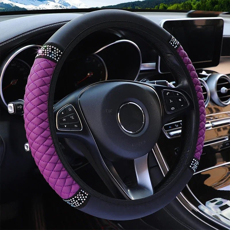 Universal Car Steering Wheel Cover 37-38cm Leather Embroidered Color Diamond-Studded Elastic Four Seasons Steering Wheel Cover