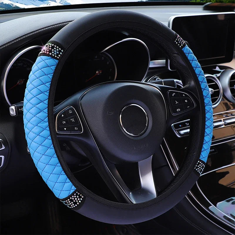 Universal Car Steering Wheel Cover 37-38cm Leather Embroidered Color Diamond-Studded Elastic Four Seasons Steering Wheel Cover