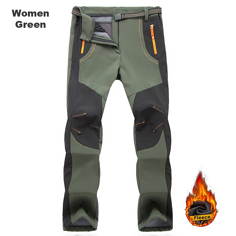 JNLN Men Women Fleece Winter Pants Ski Trekking Hiking Camping Waterproof Pants Outdoor Soft Shell Thick Thermal Cargo Trousers