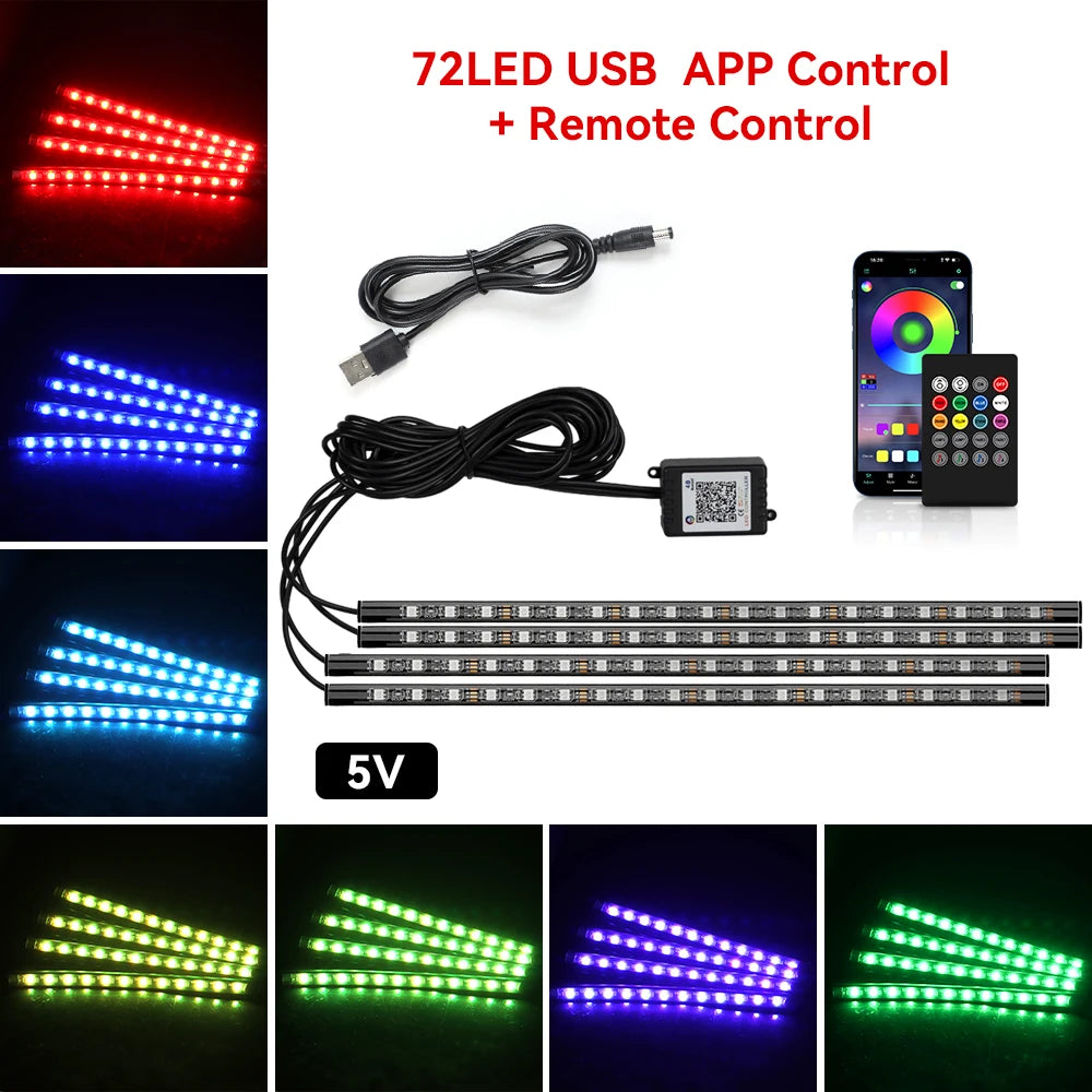 Car Led Foot Ambient With USB Cigarette Lighter Backlight Music Control App RGB Auto Interior Decorative Atmosphere Lights