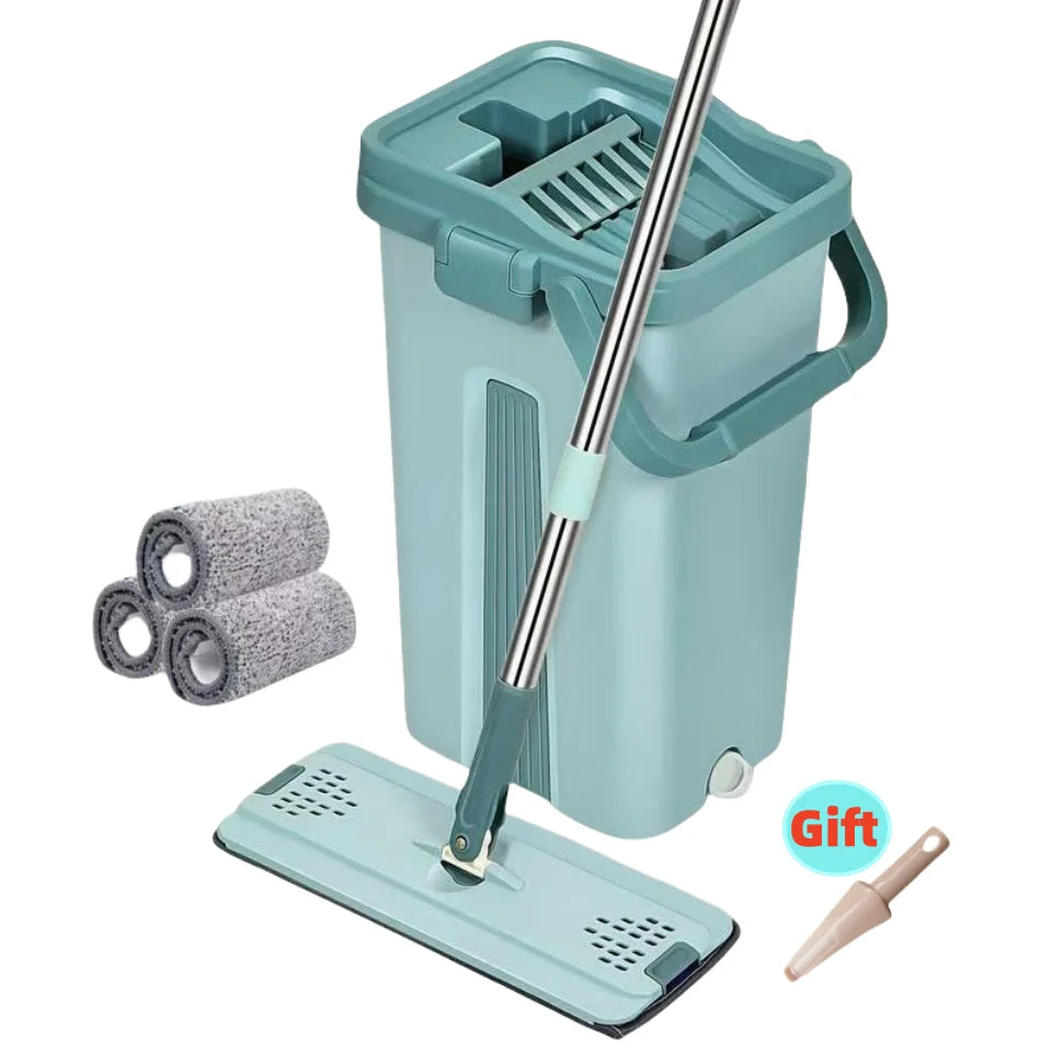 Flat Squeeze Mop with Bucket Hand Free Wringing Floor Cleaning Mop Microfiber Mop Pads Wet or Dry Usage on Hardwood Laminate