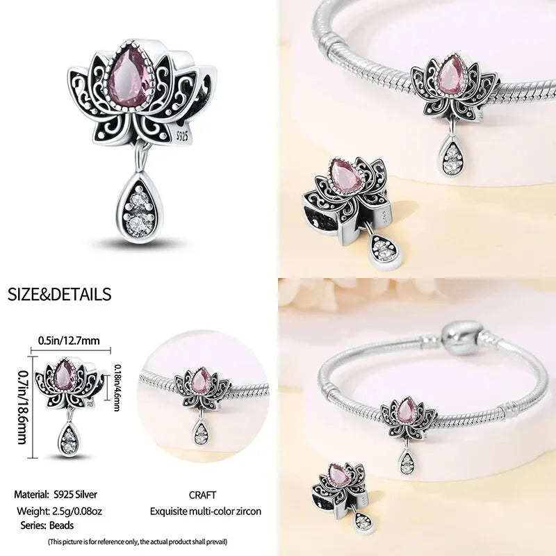 2024 Original New in Romantic Retro Classic Series Lotus Charm Beads Fits Pandach Bracelet Women 925 Silver Pendant Bead Jewelry