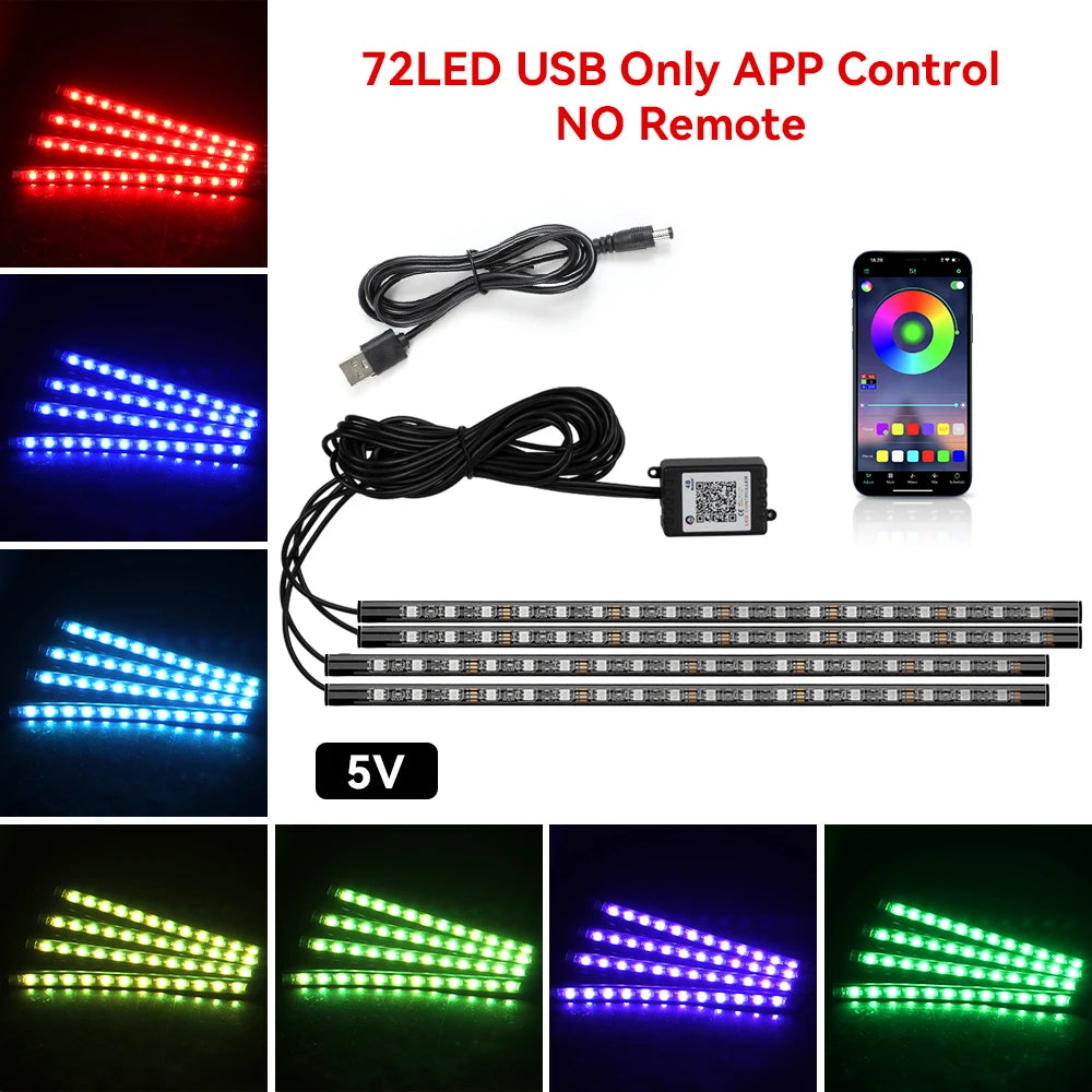 Car Led Foot Ambient With USB Cigarette Lighter Backlight Music Control App RGB Auto Interior Decorative Atmosphere Lights