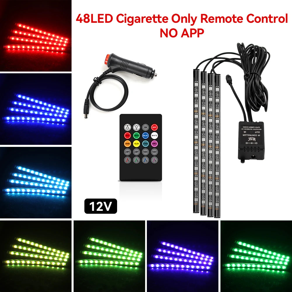 Car Led Foot Ambient With USB Cigarette Lighter Backlight Music Control App RGB Auto Interior Decorative Atmosphere Lights